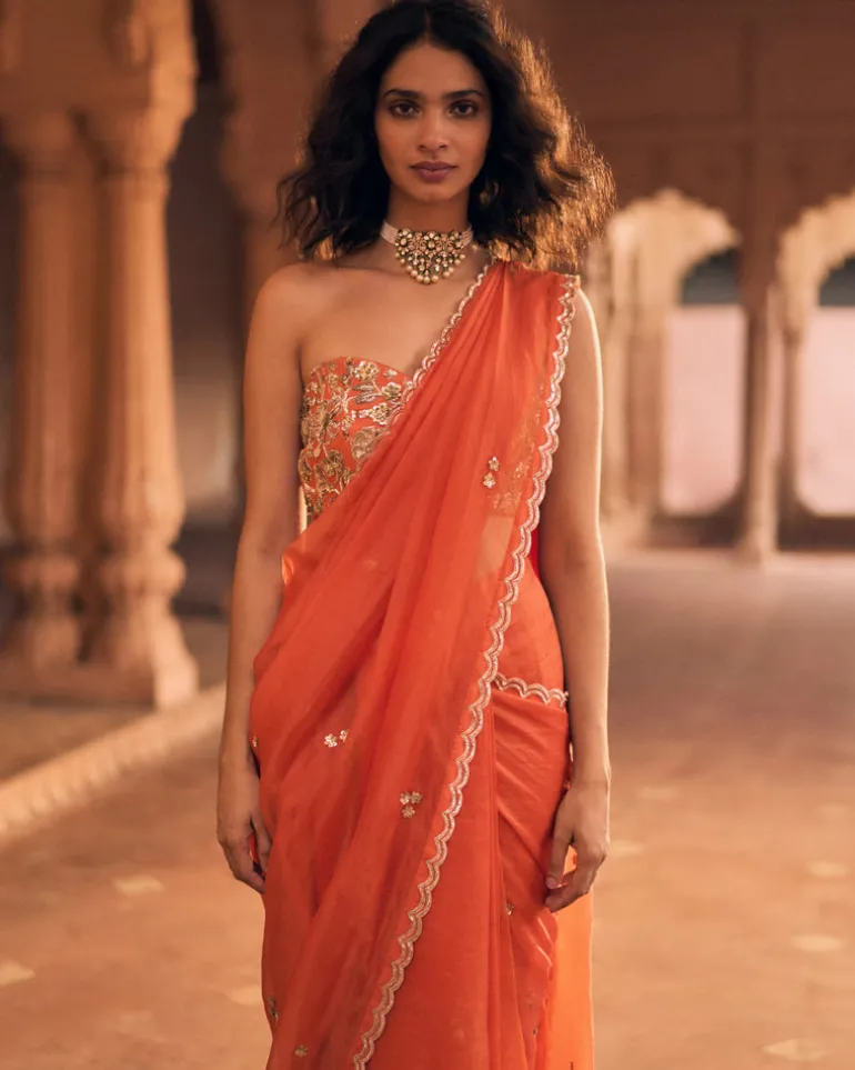 Orange Pre-Draped Embroidered Sari Set
