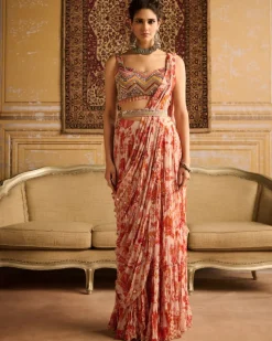 Orange Print Pre-Draped Sari Set
