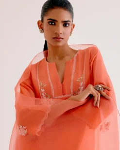 Orange Silk Chanderi Dori And Sequins Embroidered Kurta Set
