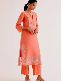 Orange Silk Chanderi Dori And Sequins Embroidered Kurta Set