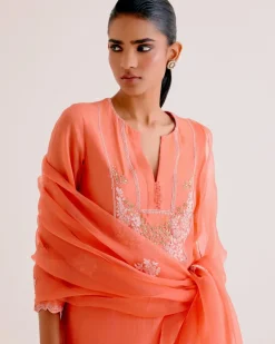 Orange Silk Chanderi Dori And Sequins Embroidered Kurta Set