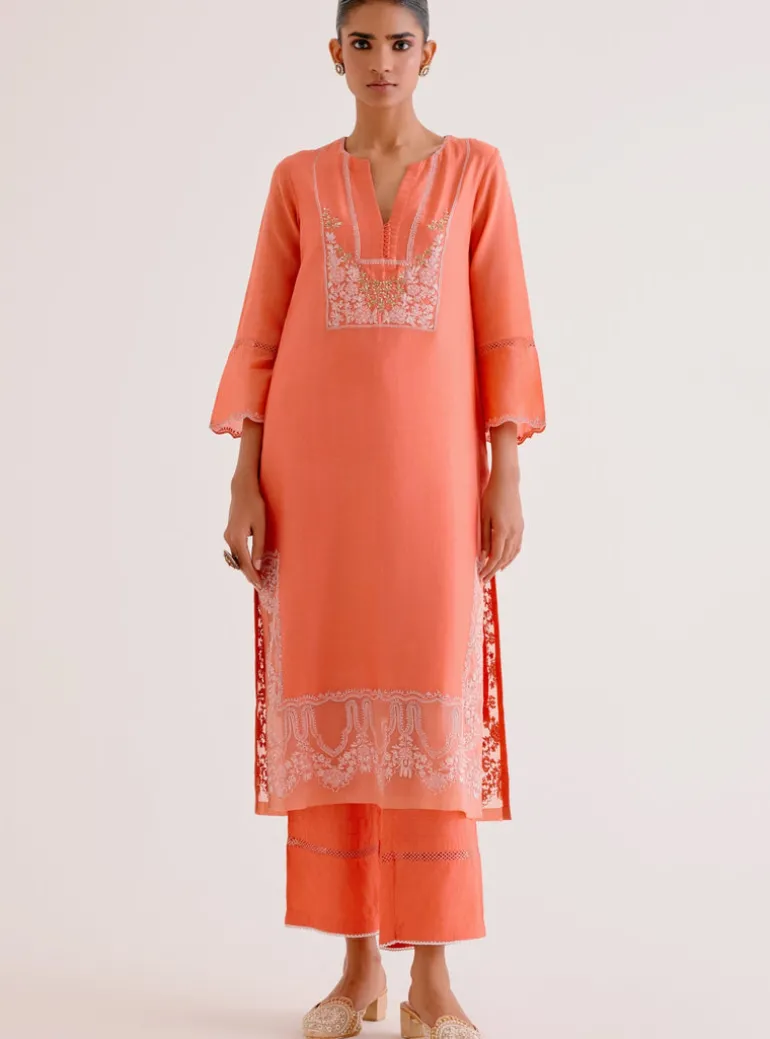 Orange Silk Chanderi Dori And Sequins Embroidered Kurta Set