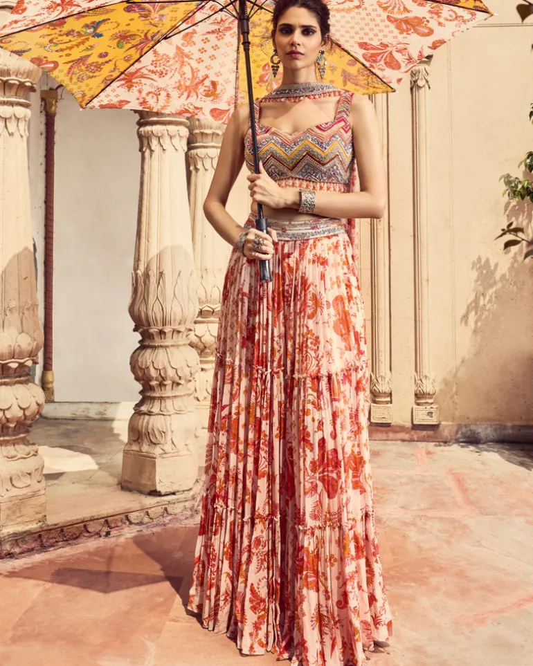 Orange Zig-Zag Print & Embroidered Blouse And Sharara Set