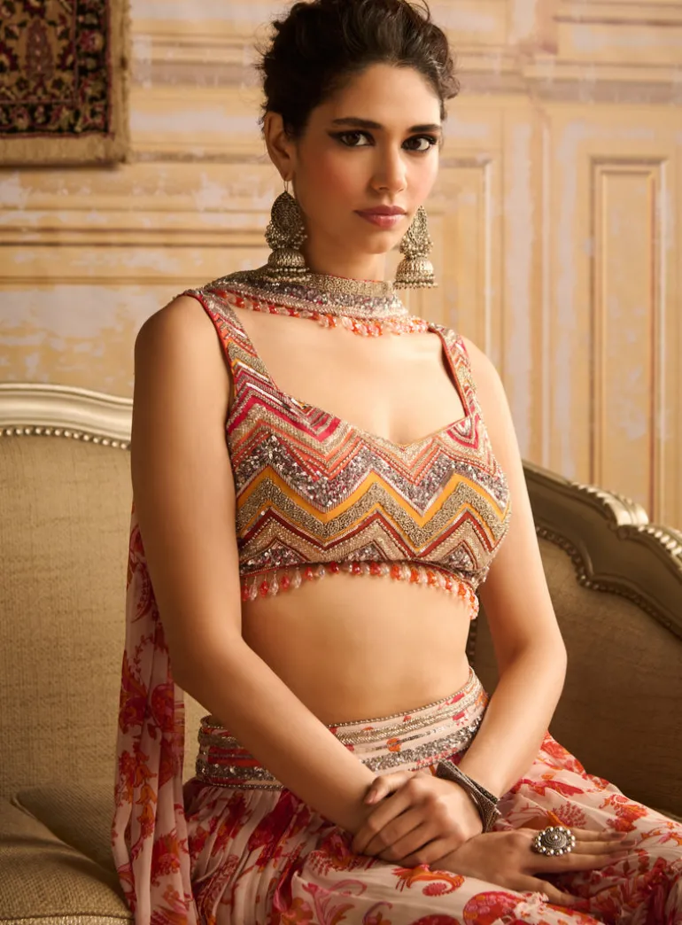 Orange Zig-Zag Print & Embroidered Blouse And Sharara Set