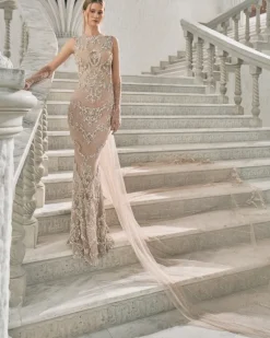 Pale Blush Pearl Embroidered Fitted Gown
