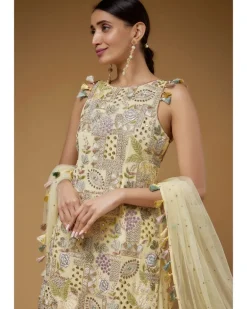 Pale Yellow Embroidered Back Tie-Up Kurta With Frill Sharara Set