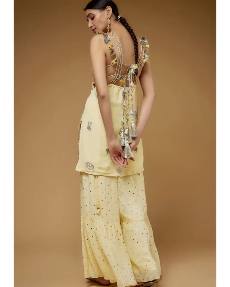 Pale Yellow Embroidered Back Tie-Up Kurta With Frill Sharara Set