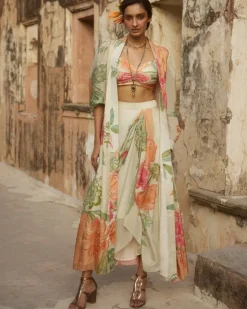 Pastel Orange Habutai Floral Skirt Set