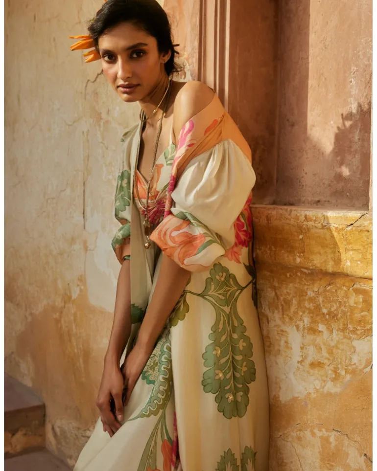 Pastel Orange Habutai Floral Skirt Set