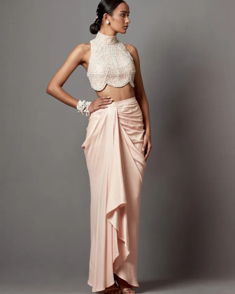 Pastel Pink Drape Skirt Blouse Set