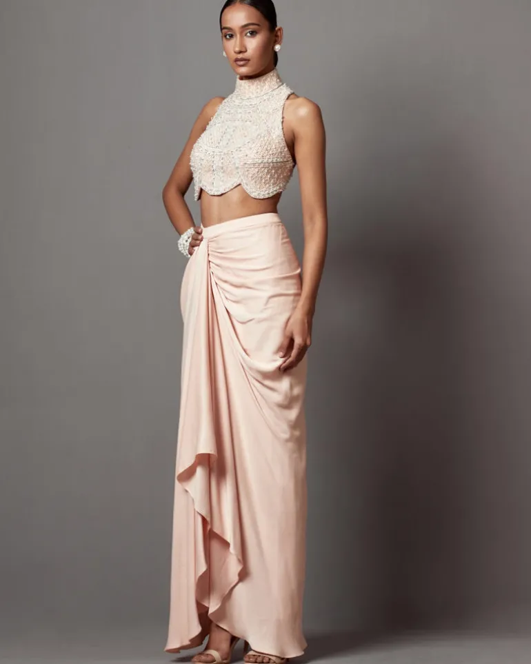 Pastel Pink Drape Skirt Blouse Set
