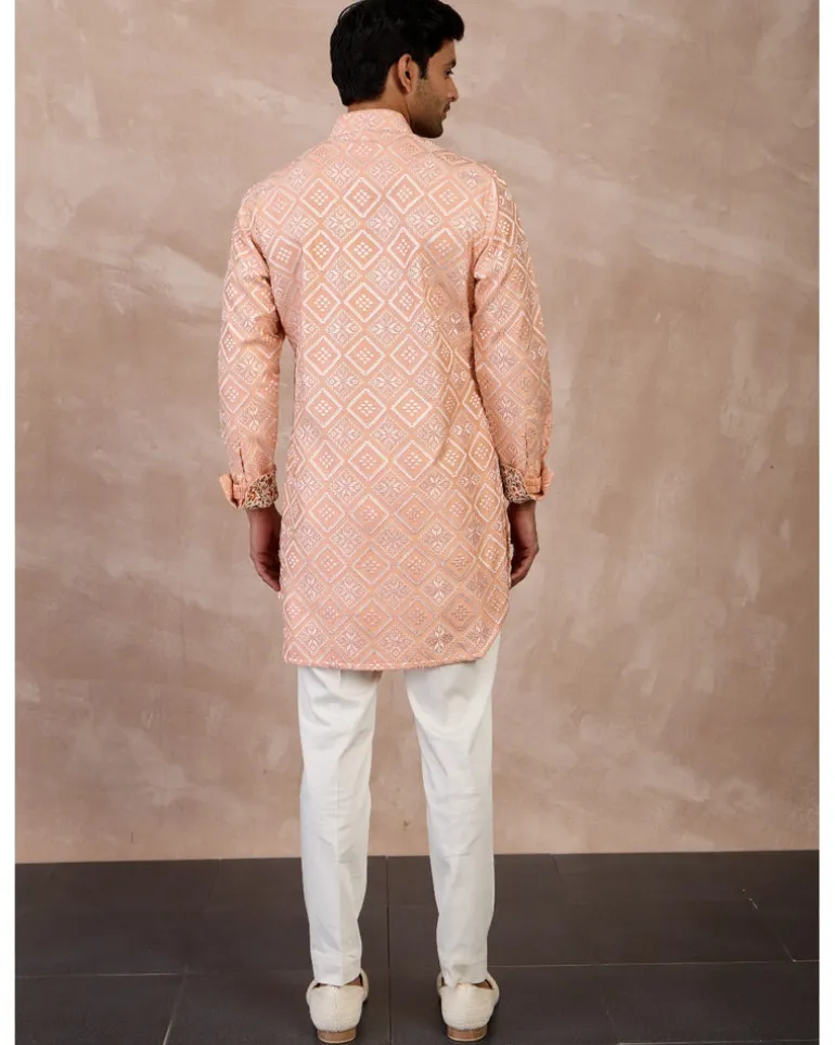 Peach & Ivory Dice Front Open Edge Cut Kurta Set