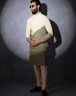 Peach And Olive Colorblock Kurta Set