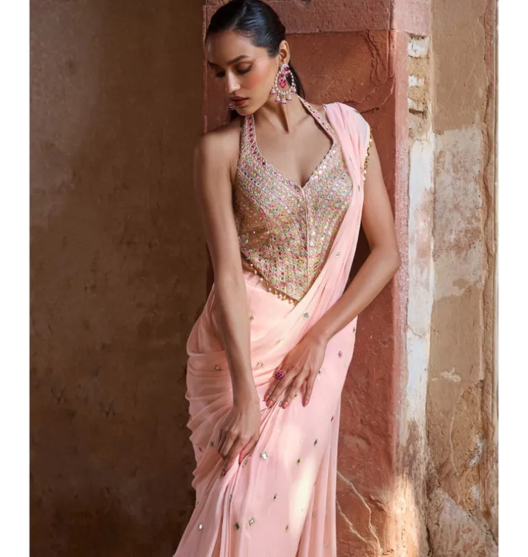 Peach Corset Pre Draped Sari