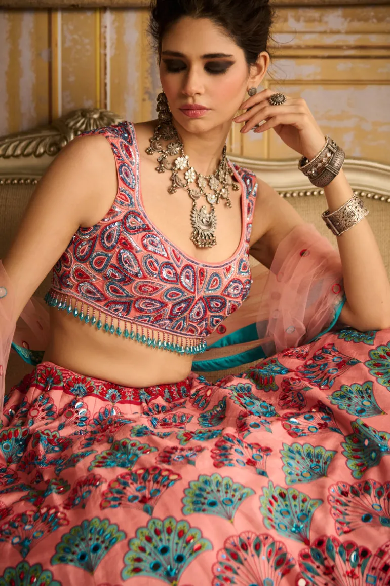 Peach Embroidered Blouse And Lehenga Set