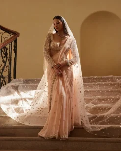 Peach Embroidered Organza Sari Set