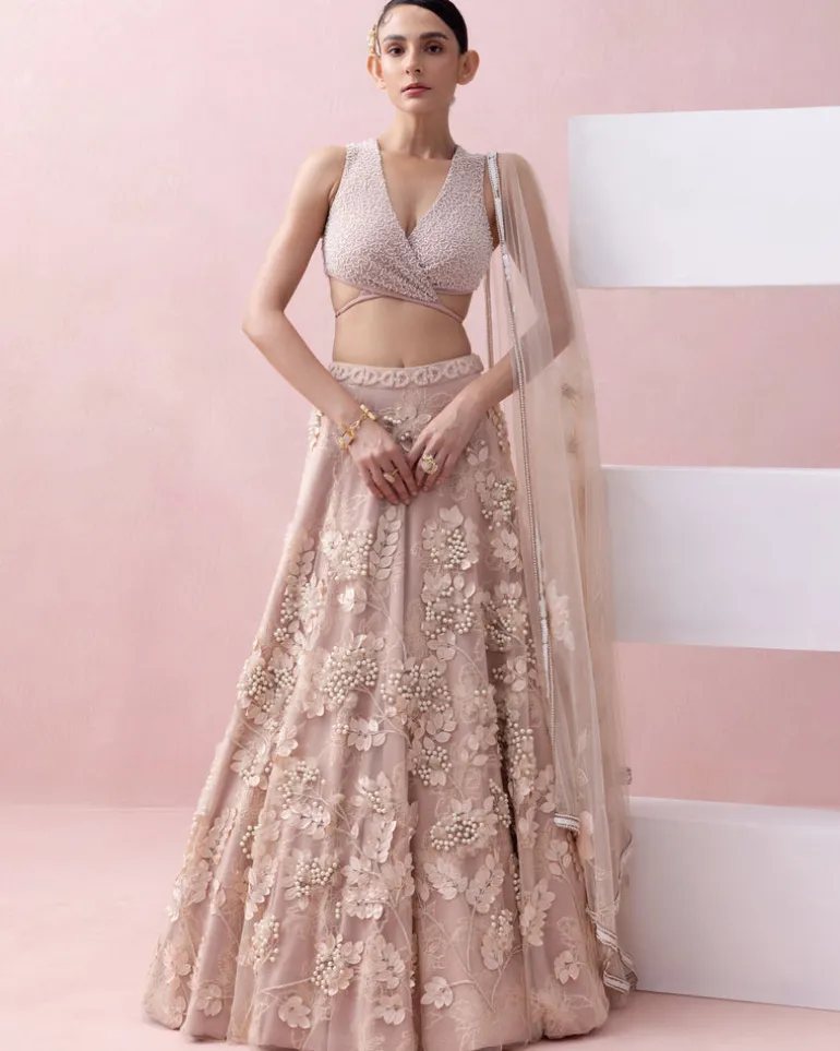 Peach Lace 3D Appliques Tie Up Lehenga Set