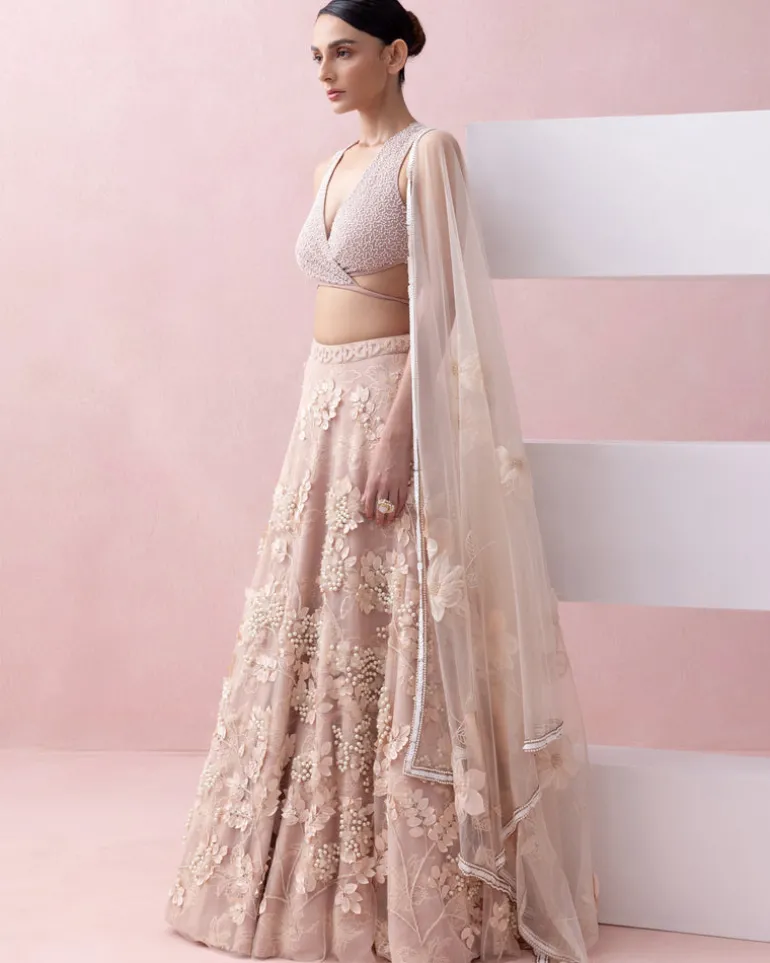 Peach Lace 3D Appliques Tie Up Lehenga Set