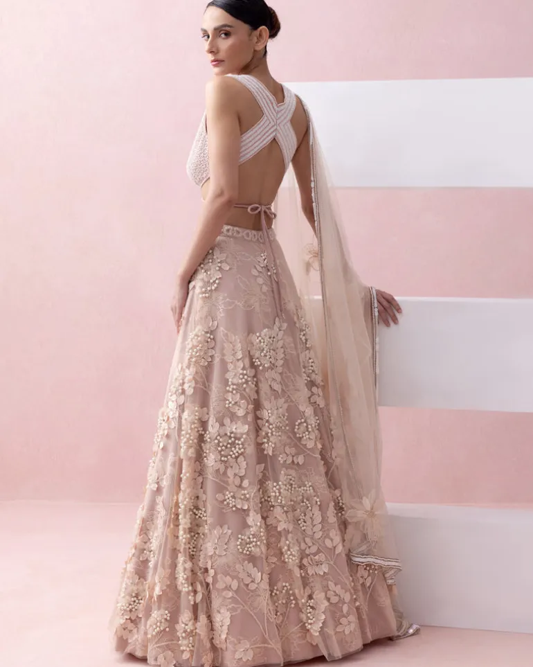 Peach Lace 3D Appliques Tie Up Lehenga Set