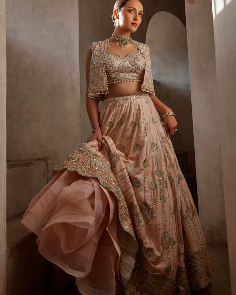 Peach Lehenga With Short Jacket Set