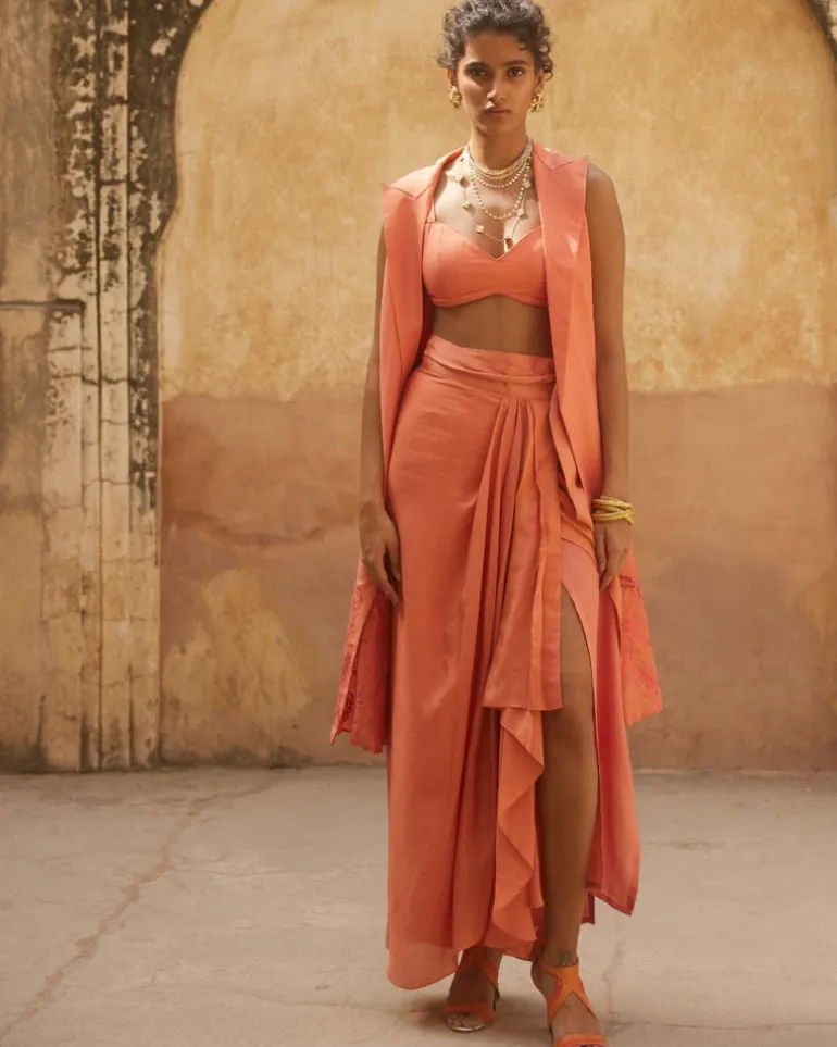 Peach Orange Linen Jacket Set