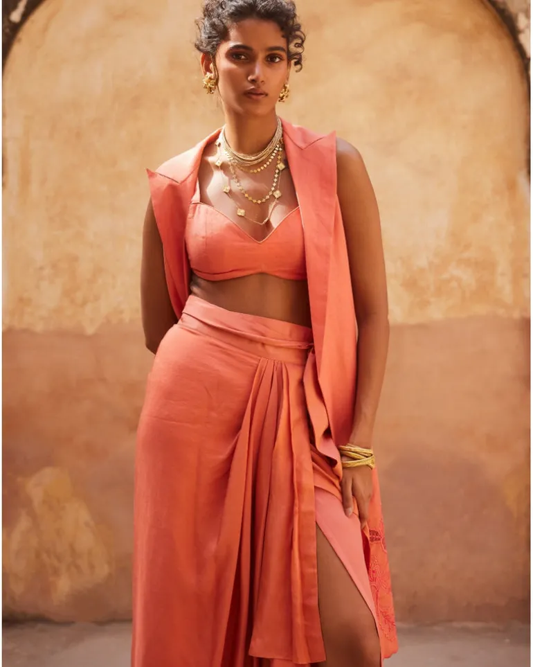 Peach Orange Linen Jacket Set