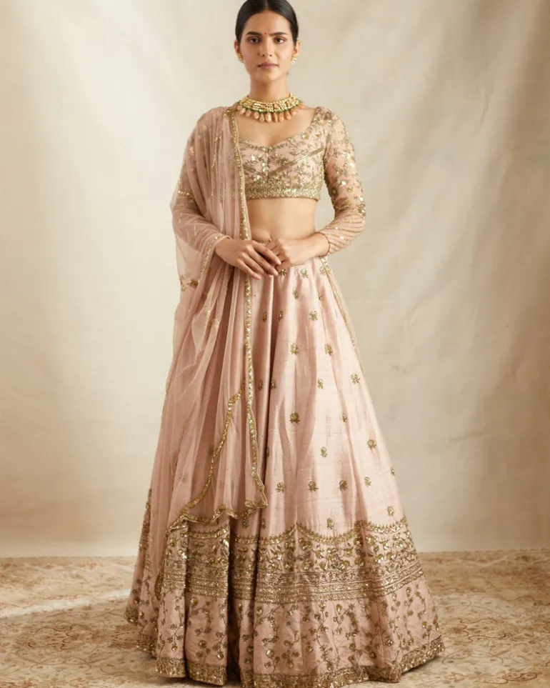 Peach Pink Embroidered Lehenga Set