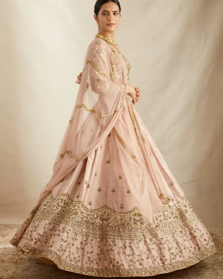 Peach Pink Embroidered Lehenga Set