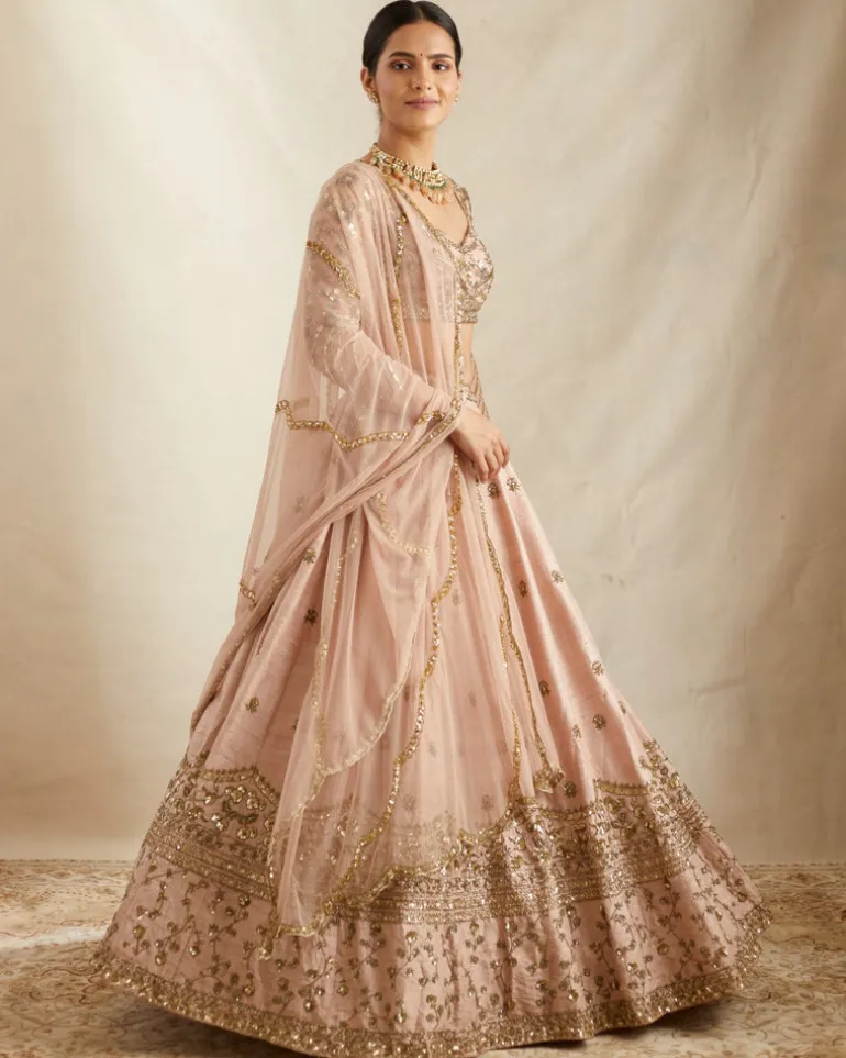 Peach Pink Embroidered Lehenga Set