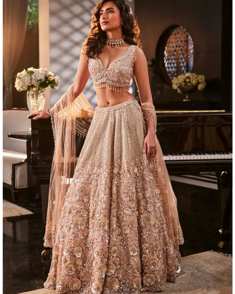 Peach Sparkle Embroidered Organza Lehenga Set
