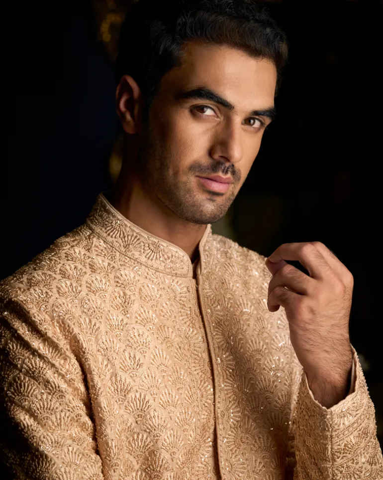 Peach Thread Sequin Sherwani Set
