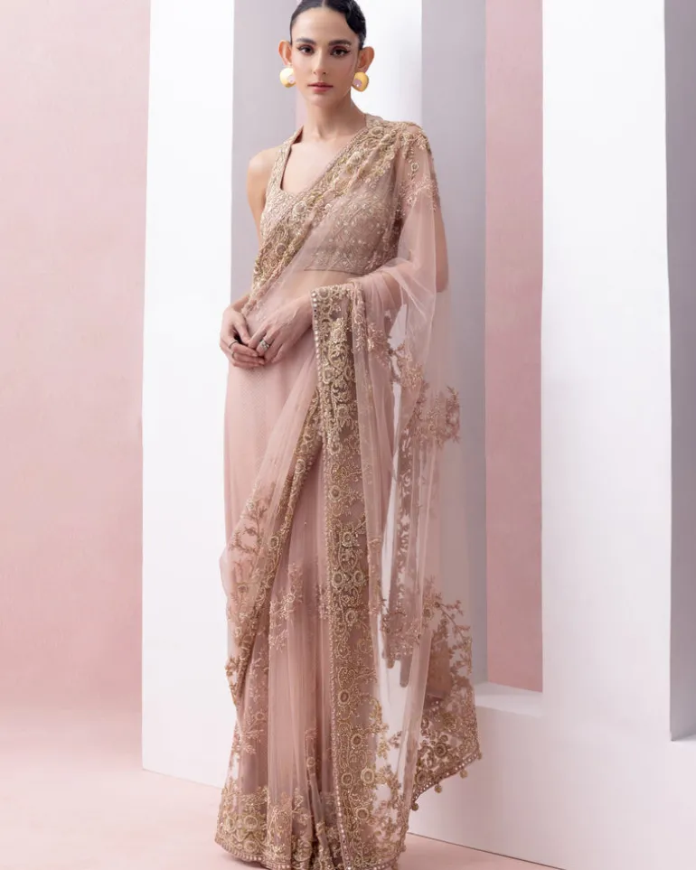 Peach Thread Work Pre-Stitched Sari With Embroidered Razor Back Blouse