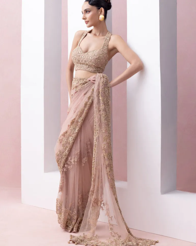Peach Thread Work Pre-Stitched Sari With Embroidered Razor Back Blouse
