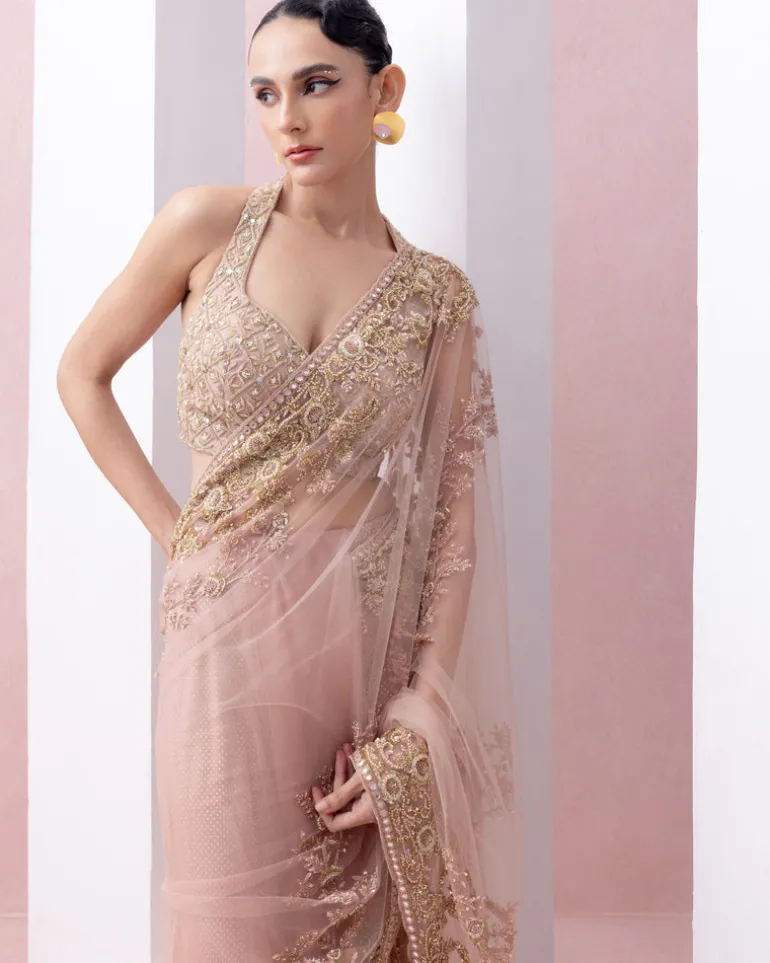 Peach Thread Work Pre-Stitched Sari With Embroidered Razor Back Blouse