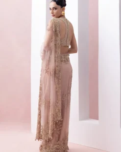 Peach Thread Work Pre-Stitched Sari With Embroidered Razor Back Blouse