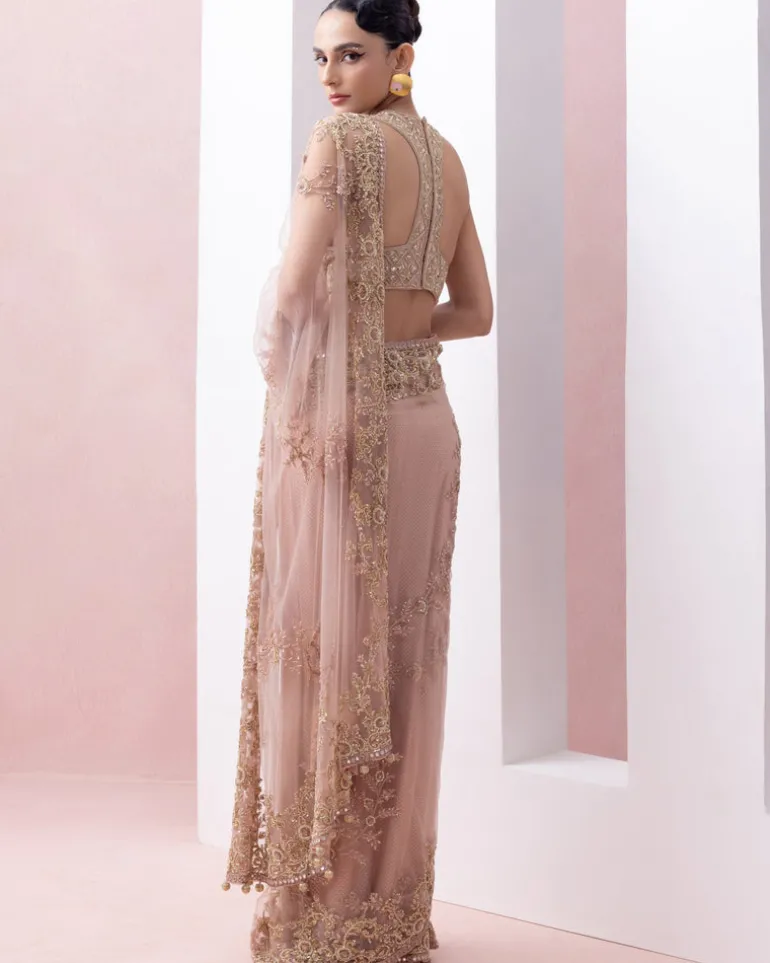 Peach Thread Work Pre-Stitched Sari With Embroidered Razor Back Blouse