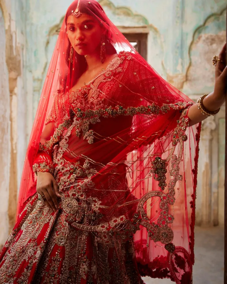 Persephone Red Raw Silk Bridal Lehenga