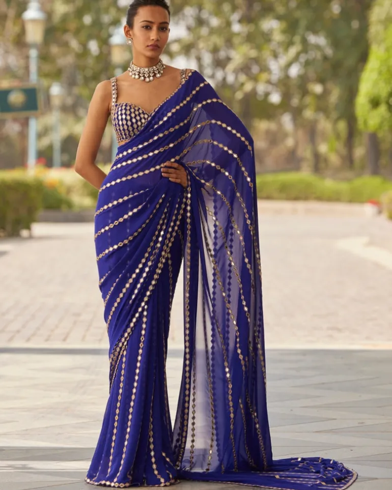 Persian Blue Linear Embroidery Georgette Sari Set