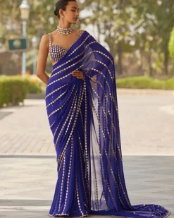 Persian Blue Linear Embroidery Georgette Sari Set