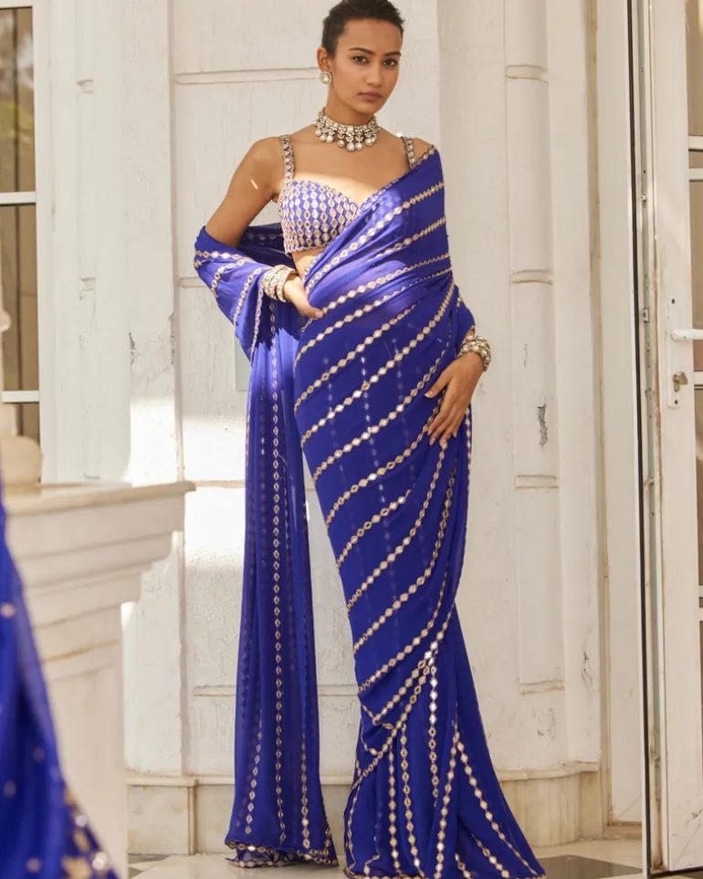 Persian Blue Linear Embroidery Georgette Sari Set
