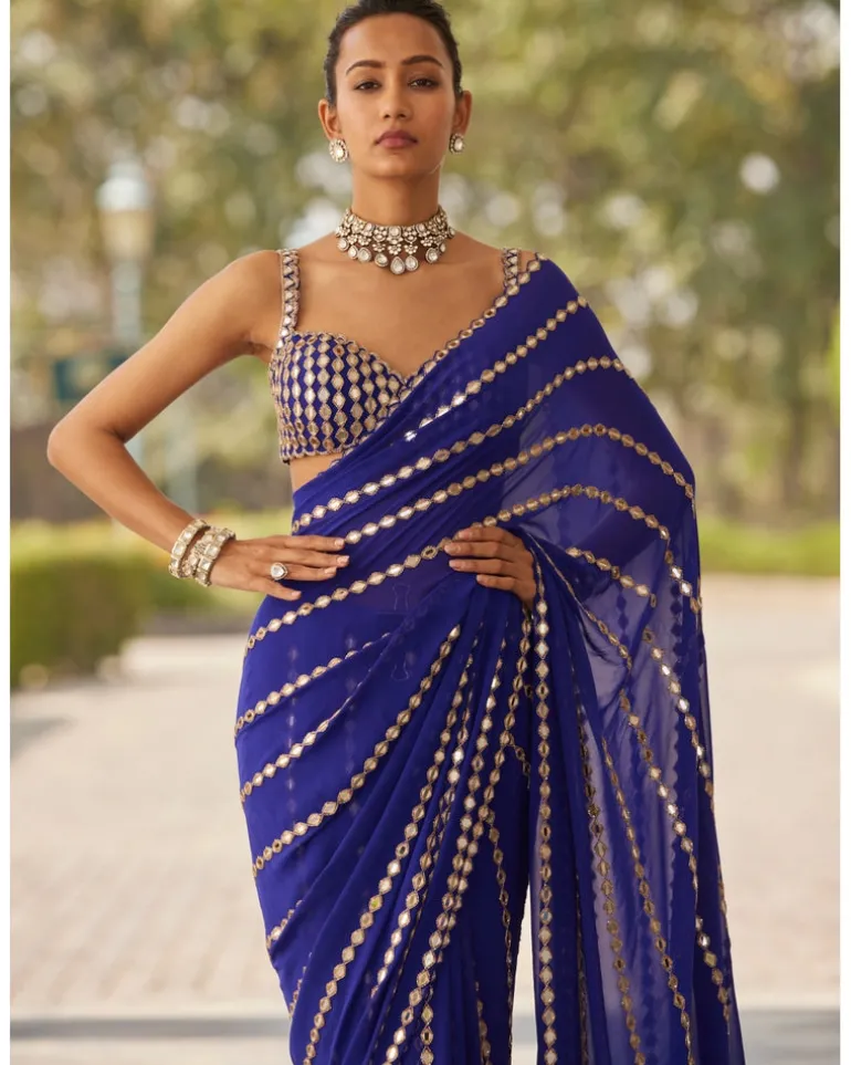 Persian Blue Linear Embroidery Georgette Sari Set