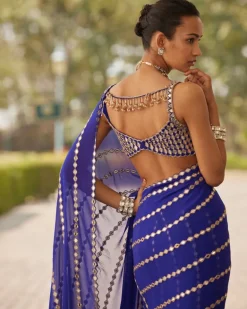 Persian Blue Linear Embroidery Georgette Sari Set