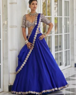 Persian Blue Linear Mirror Embroidered Lehenga Set