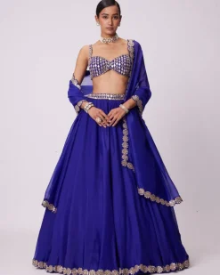 Persian Blue Linear Mirror Embroidered Lehenga Set