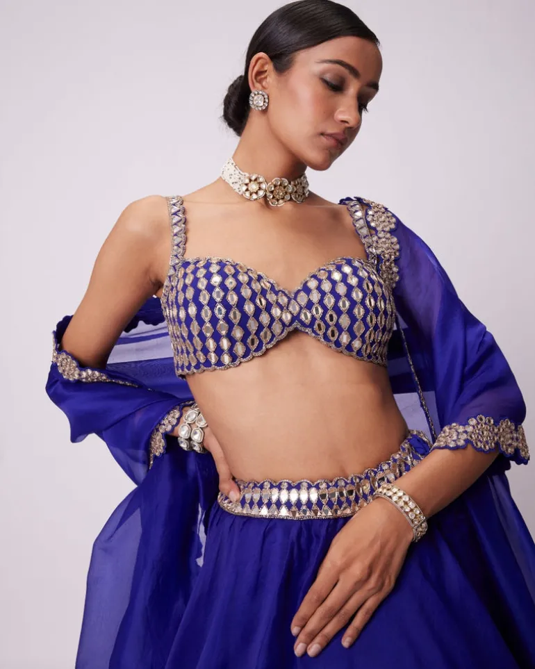 Persian Blue Linear Mirror Embroidered Lehenga Set