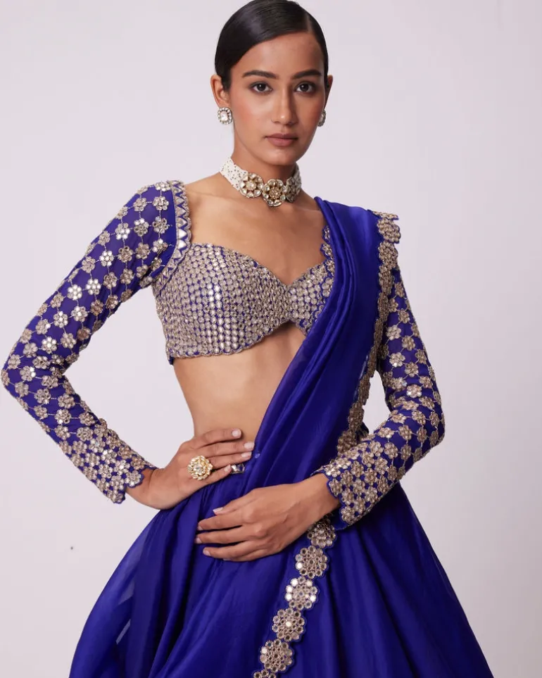 Persian Blue Linear Mirror Embroidered Lehenga Set