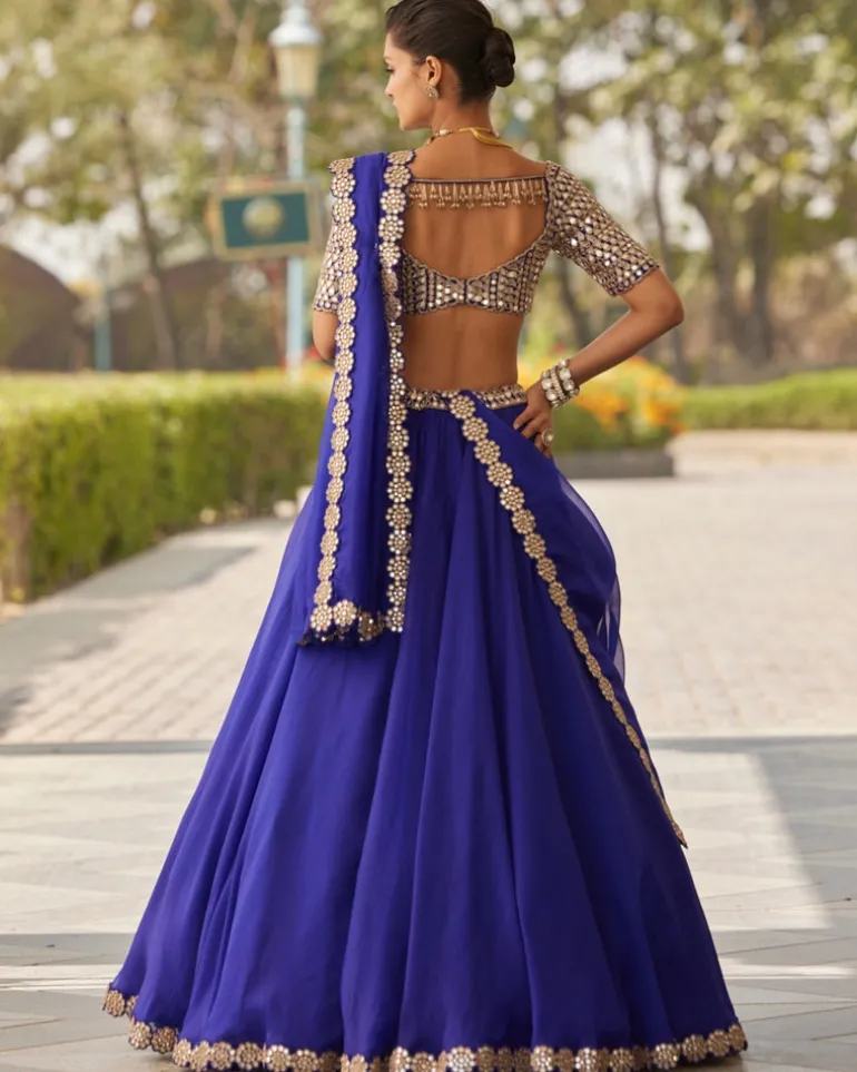 Persian Blue Linear Mirror Embroidered Lehenga Set