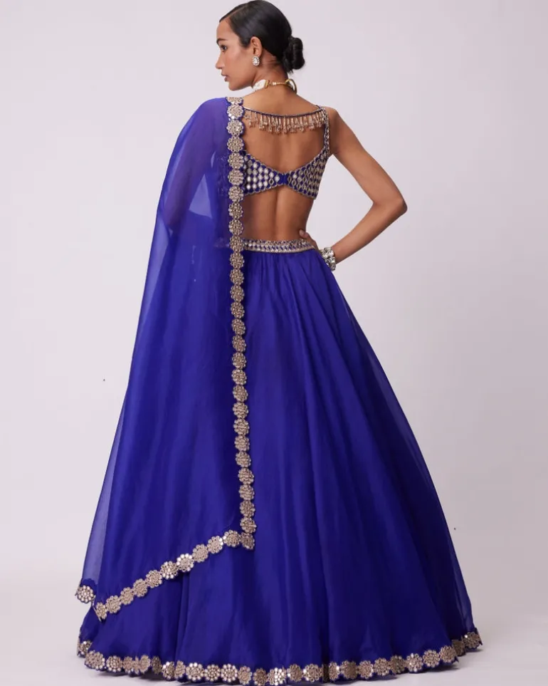 Persian Blue Linear Mirror Embroidered Lehenga Set