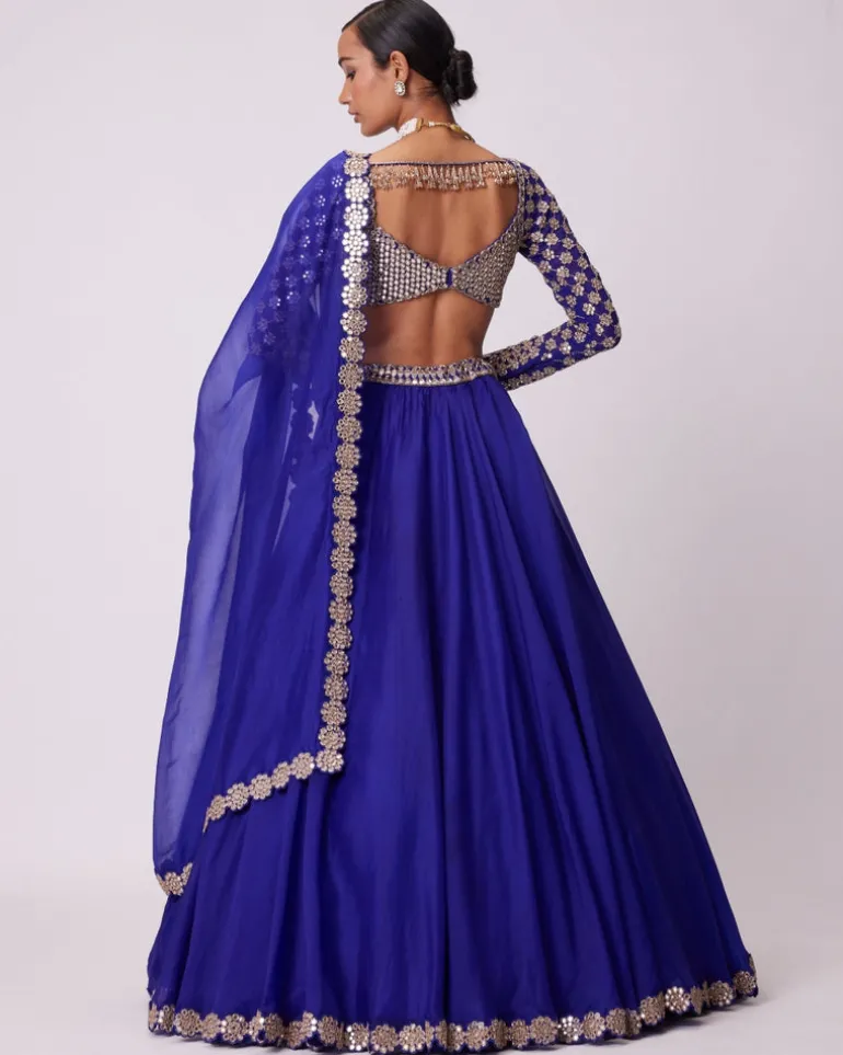 Persian Blue Linear Mirror Embroidered Lehenga Set