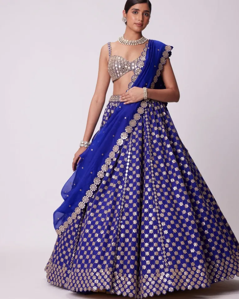 Persian Blue Mirror Flower Hand Embroidered Lehenga